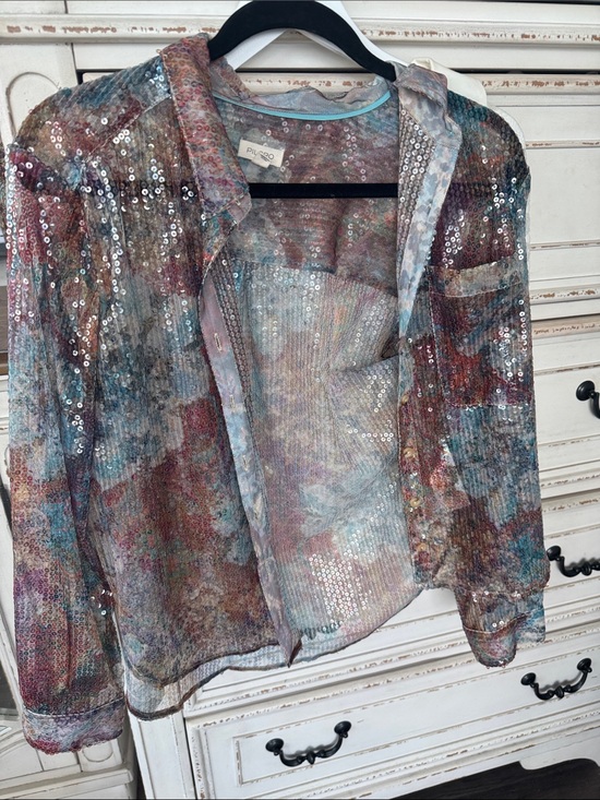 Anthropologie Tops - Anthropologie Multicolor Sequin Sheer Button-Down Shirt
